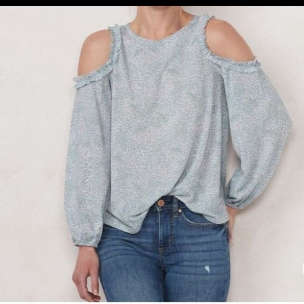 Lauren Conrad Balloon Sleeve Cold Shoulder Blouse Women's Size L